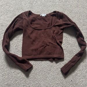Brown Ribbed Long Sleeve Crop Top